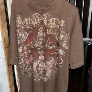 Indigo Brown Graphic Tee with Red Accents